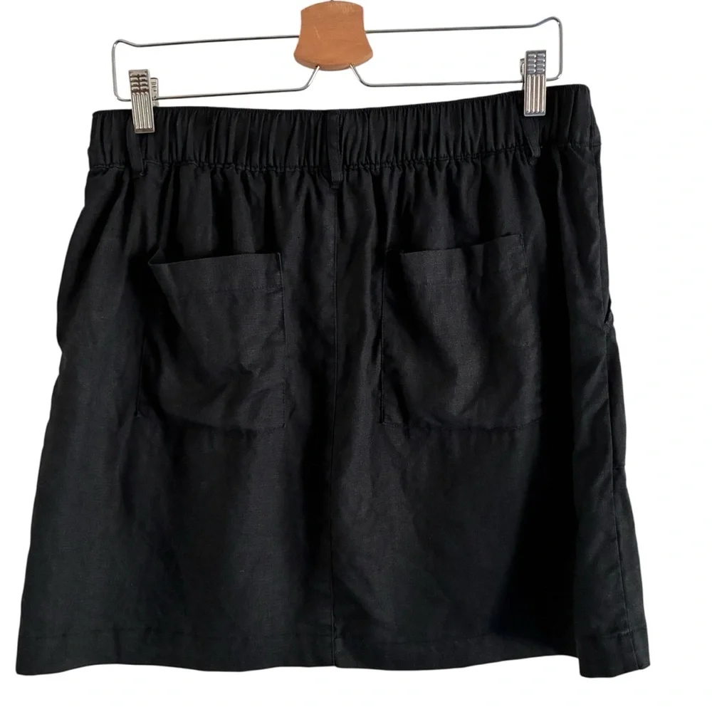 Nicole Miller Black 100% Linen Mini Skirt Patch Pockets Elastic Waist XS Summer